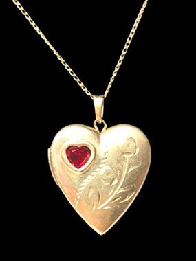 1/20 14kt Chain Necklace w/ 1/20 14kt Heart Locket with Ruby gemstone